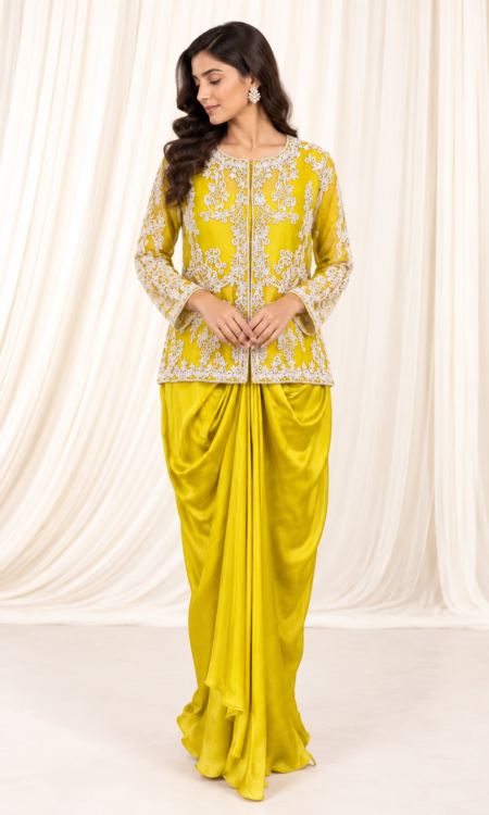 Marigold Yellow color indo-western drape skirt with jacket