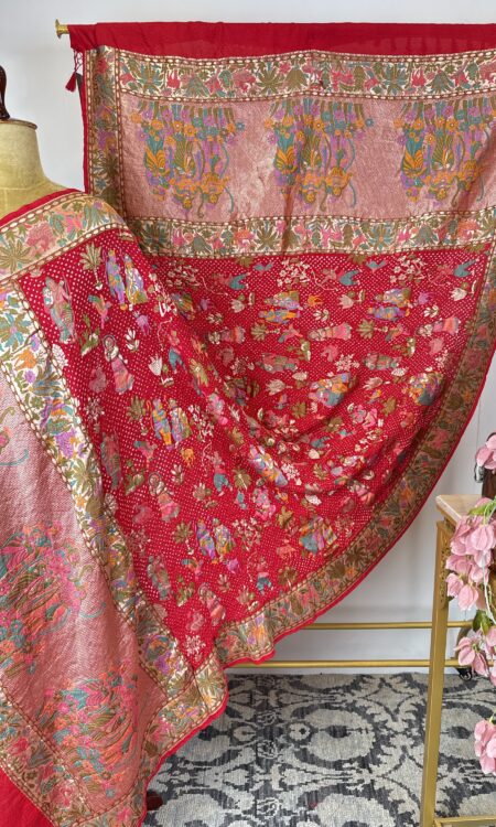 Red Bandhani Dupatta with Ramayan Motifs in Meenakari & Zari