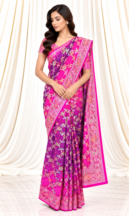 Pink to Jamun Bandhani Saree with Floral & Bird Motifs