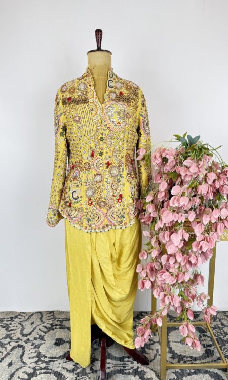 Yellow Embroidered Top with Pearl & Sequin Drape Skirt