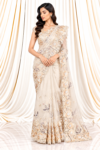 White Organza Saree with Grey & Off-White Bird Motifs