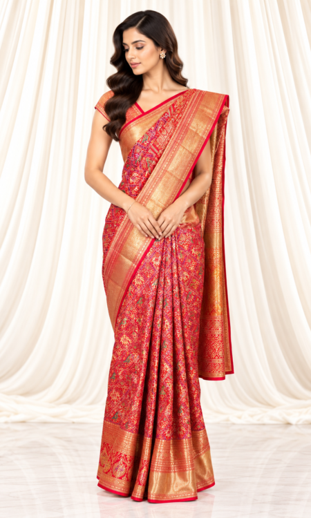 Red Patola-Inspired Kanchi Saree with Meenakari & Gold Zari
