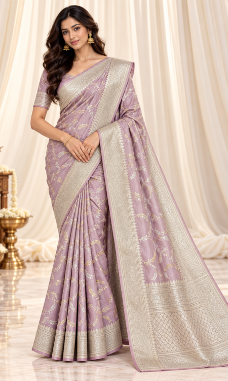 Light Pastel Pink Pure Banarasi Tissue Saree with Gold Zari