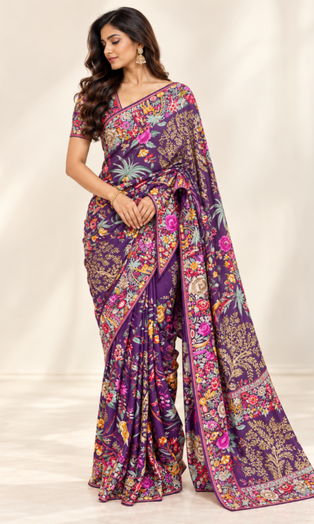 Violet Parsi Gara Georgette Saree with Jungle & Floral Motifs