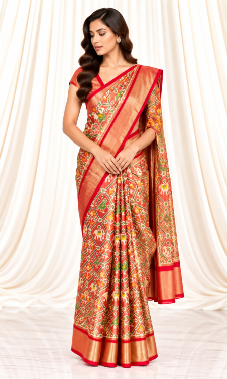 Red Single Ikkat Tissue Saree with Animal Motifs & Gold Zari