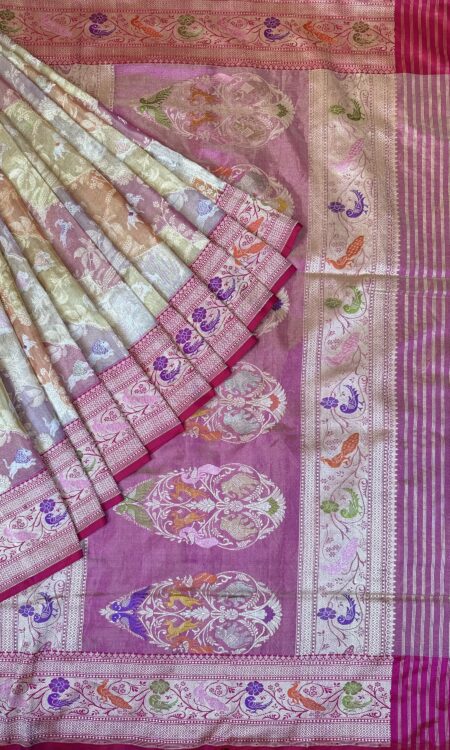 Pastel Multicolour Rankat Banarasi Tissue Saree with Hot Pink Blouse