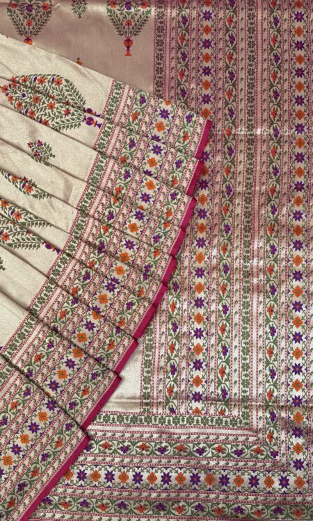 Gold Banarasi Saree with Floral Meenakari & Paithani Border
