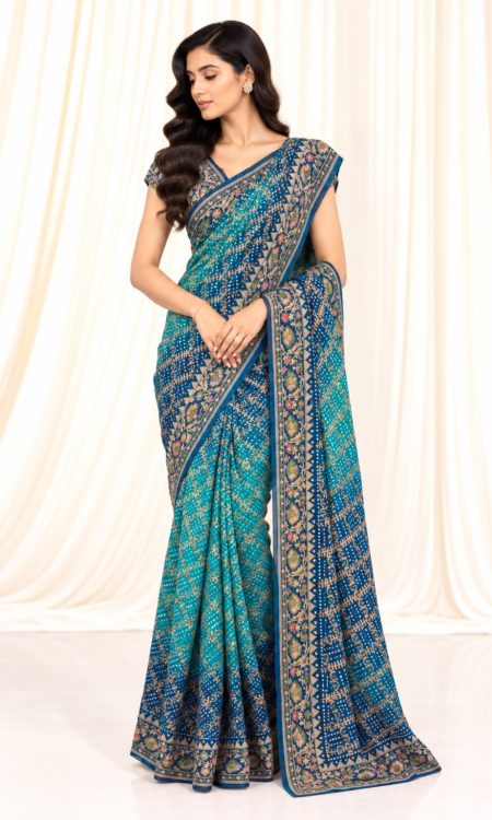 ProduBlue to Navy Blue Bandhani Saree with Floral Borderct