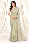 Pastel Green Organza Saree with Multicolour SCALLOP Beads & THREAD Tassels