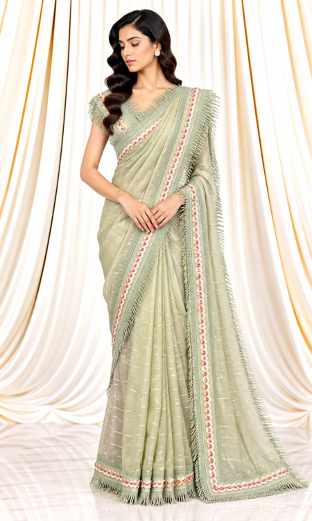 Pastel Green Organza Saree with Multicolour SCALLOP Beads & THREAD Tassels