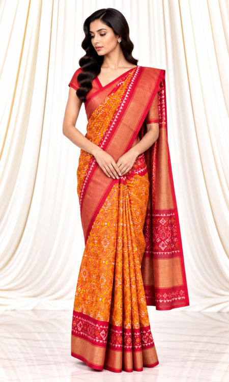 Yellow Single Ikkat Saree with Red Contrast Border & Gold Zari