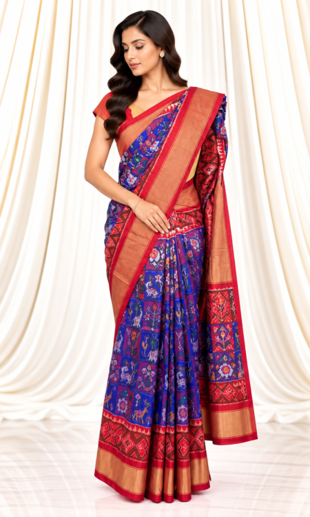 Royal Blue Single Ikkat Patola Silk Saree with Animal & Bird Motifs