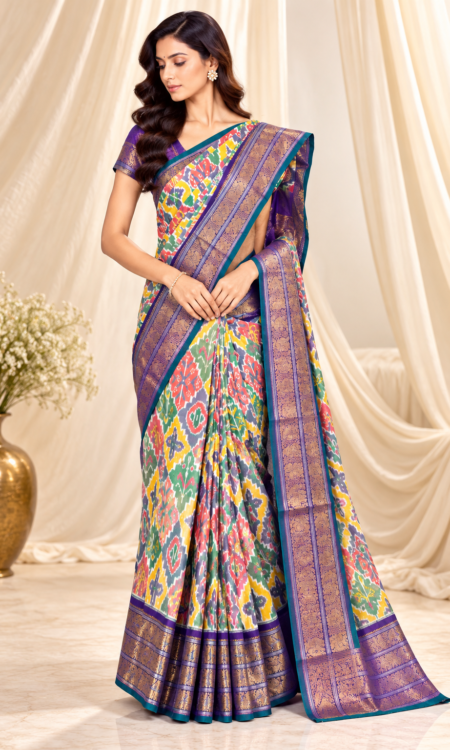 Multicolour Ikkat Saree with Dark Violet Kanchi Border & Gold Zari