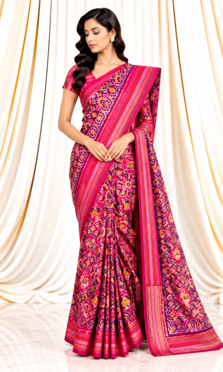 Dark Pink Ikkat Saree with Elephant & Bird Motifs