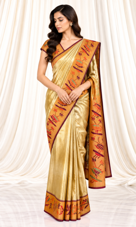 Gold Kanchi Tissue Saree with Paithani-Inspired Floral Border