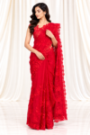 Red Organza Saree with Floral Cutwork & Glossy Finish