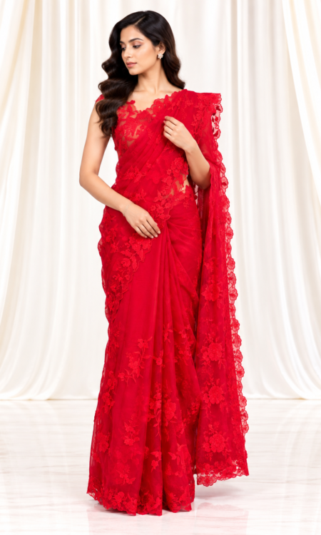 Red Organza Saree with Floral Cutwork & Glossy Finish