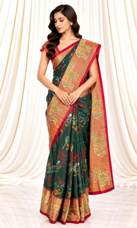 Green Single Ikkat Patola Saree with Floral & Elephant Motifs