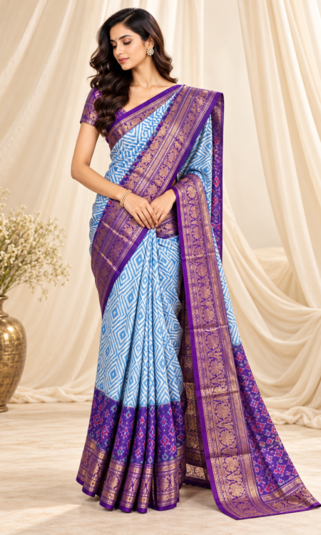 Sky Blue & White Ikkat Saree with Violet Kanchi Border