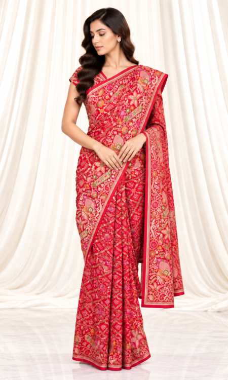 Red Bandhani Georgette Saree with Floral & Bird Motifs