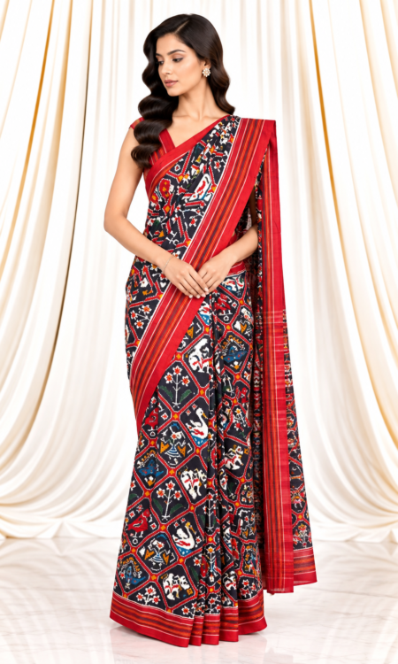 Dark Navy Blue Double Ikkat Saree with Bird & Animal Motifs
