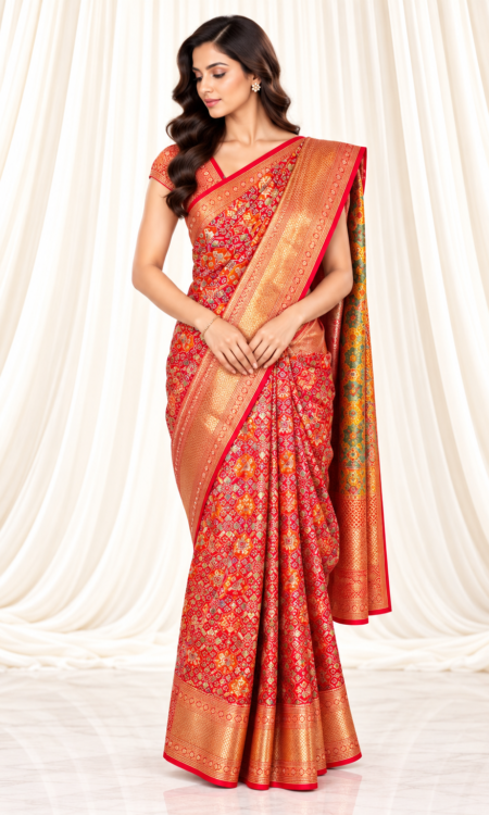 Red Patola-Inspired Saree with Traditional Gold Zari Border