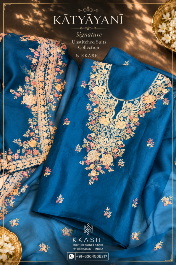 Navy Blue Organza Unstitched Suit with Floral Thread Handwork | KKASHI 2 5739EED7 DF5F 4039 8DFD 8D00CFA98EAE
