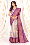 White Ikkat Saree with Light Burgundy Kanchi Border & Gold Zari