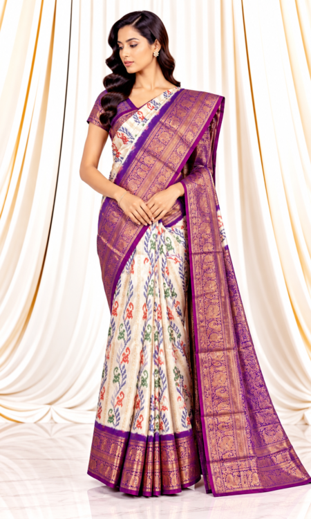 White Ikkat Saree with Light Burgundy Kanchi Border & Gold Zari