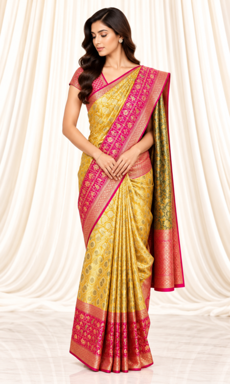 Gold Kanchi Tissue Saree with Pink Patola-Inspired Border