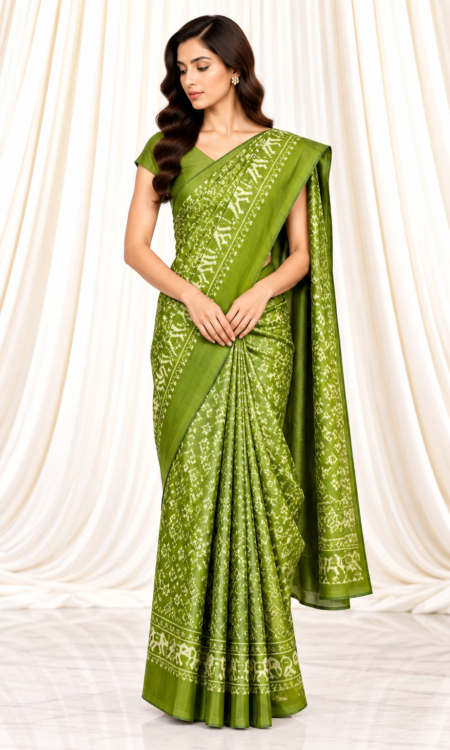 Green Ikkat Patola Saree with Floral & Elephant Motifs