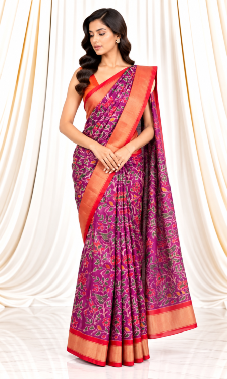 Purple Single Ikkat Saree with Floral, Bird & Animal Motifs