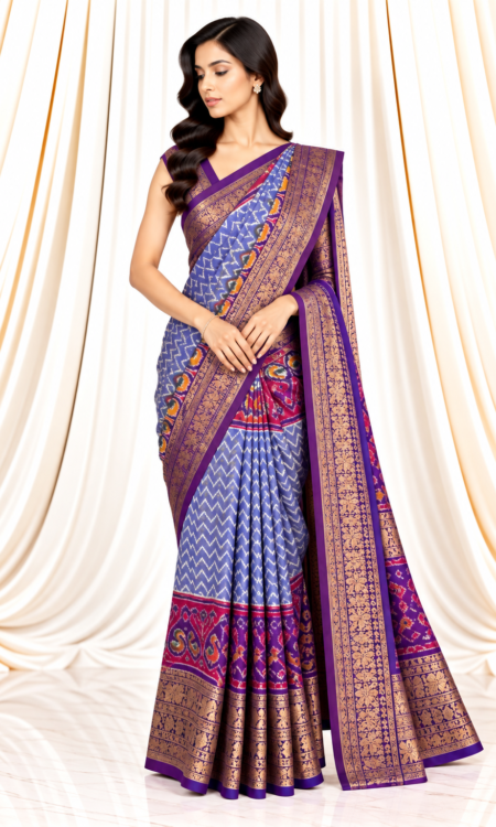 Light Lavender Ikkat Saree with Violet Kanchi Border & Gold Zari