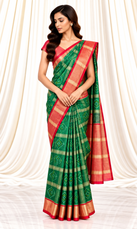 Green Single Ikkat Patola Saree with Elephant & Floral Motifs