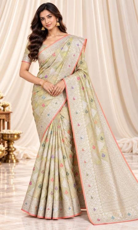 Pastel Pista Green Pure Banarasi Silk Saree with Leaf Motifs