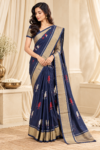 Navy Blue Ikkat Saree with White & Red Bird Motifs