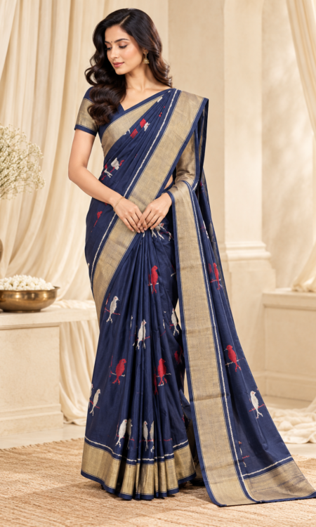 Navy Blue Ikkat Saree with White & Red Bird Motifs