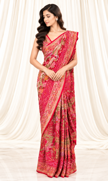 Red Bandhani Saree with Rajwada Meenakari & Gold Zari