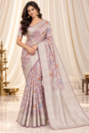 Peach Pink Banarasi Tissue Saree with Floral, Butterfly & Peacock Motifs
