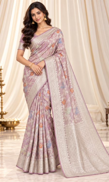 Peach Pink Banarasi Tissue Saree with Floral, Butterfly & Peacock Motifs