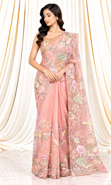 Baby Pink Organza Saree with Floral, Bird & All-Over Cutwork