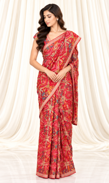 Red Bandhani Georgette Saree with Jungle Concept & Meenakari