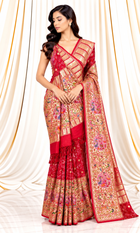 Red Bandhani Saree with Multicoloured Paithani Border