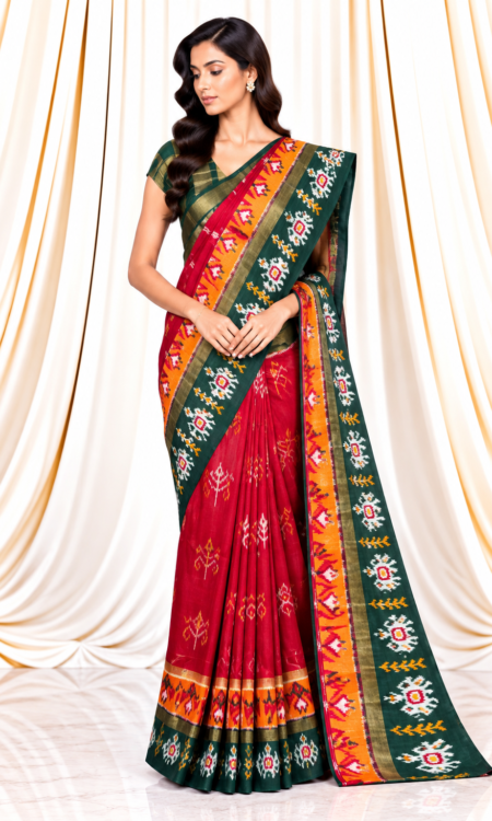 Red Ikkat Saree with Green Border & Elephant Motifs