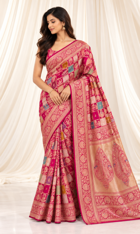 Pink Rankat Banarasi Silk Saree with Kadwa Meenakari Border
