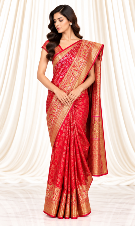 Red Kanchi Silk Saree with Floral & Bird Motif Gold Zari Border