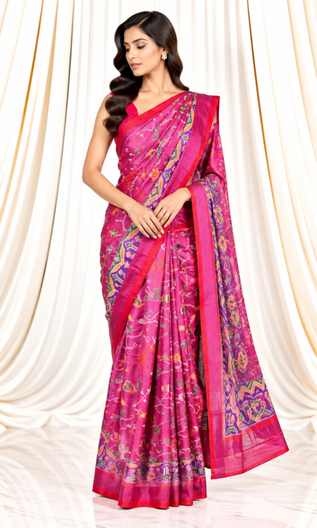 Pink Single Ikkat Tissue Saree with Floral, Bird & Animal Motifs