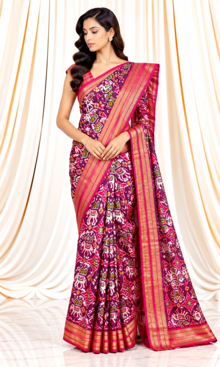 Violet Ikkat Saree with Multicolour Elephant Motifs & Pink Border