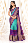 Pastel Blue Ikkat Saree with Violet Kanchi Border & Gold Zari
