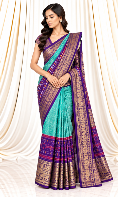 Pastel Blue Ikkat Saree with Violet Kanchi Border & Gold Zari